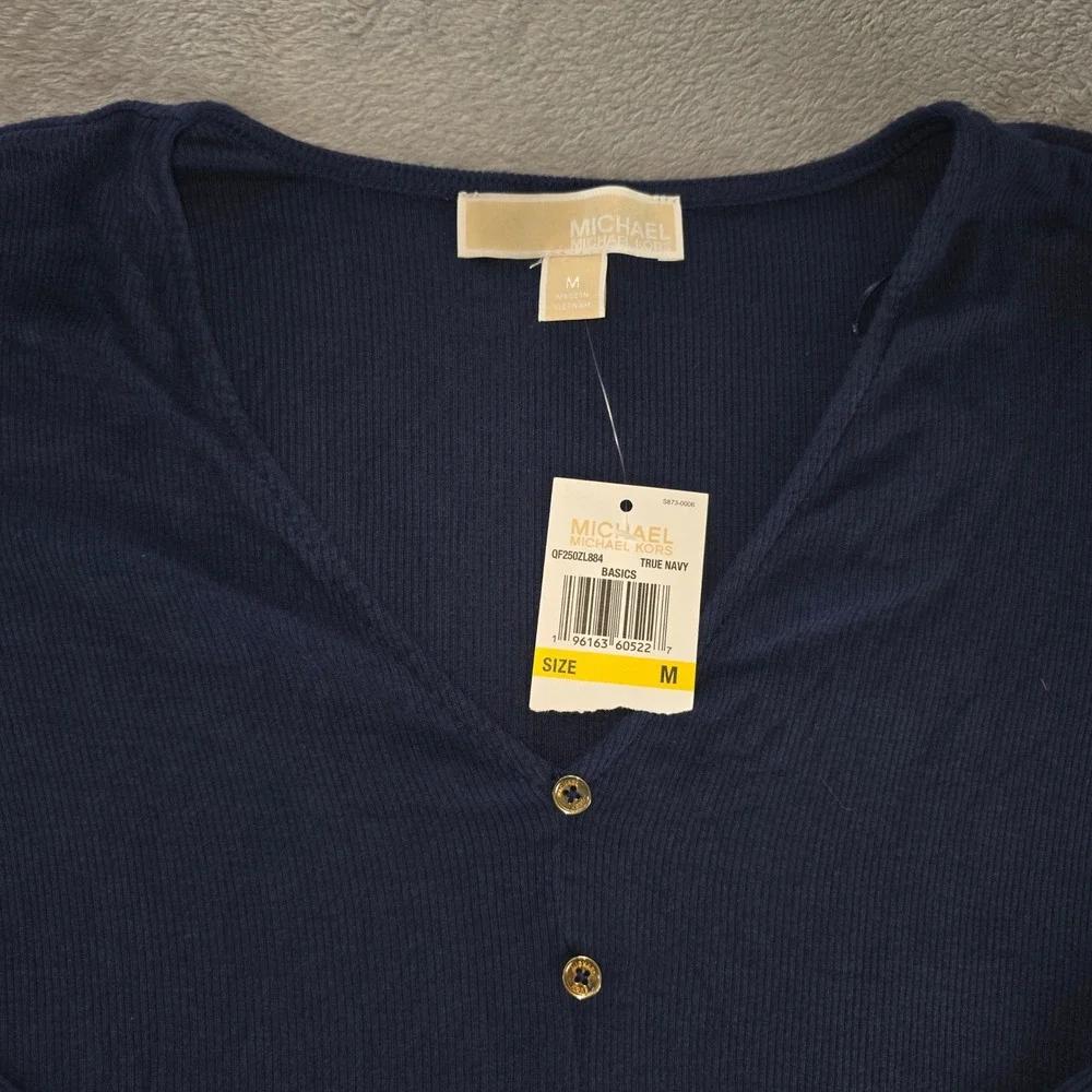 Michael Kors Navy Ribbed Tie Front Button Top Womens Size Medium NWT New